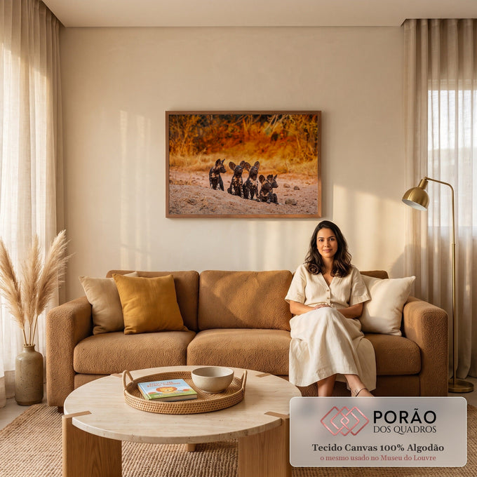 Cinco filhotes de licaon sentados na terra da savana com fundo laranja dourado, quadro decorativo