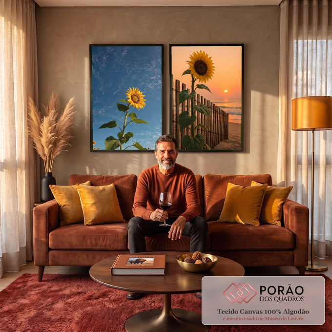 Quadro Decorativo Kit 2 Telas Girassol no Céu para Sala Azul | quadros decorativos para sala de estar | girassol dividido entre céu azul vivo e pôr do sol laranja na praia | em ambiente 3 | Porao dos Quadros