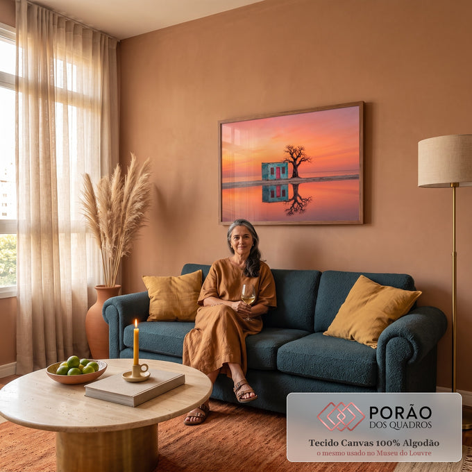 Quadro Decorativo Grande Casa Azul para Sala Laranja | quadros decorativos para sala de estar | casa azul-turquesa com porta rosa e árvore seca refletidas em pôr do sol alaranjado | em ambiente 3 | Porao dos Quadros