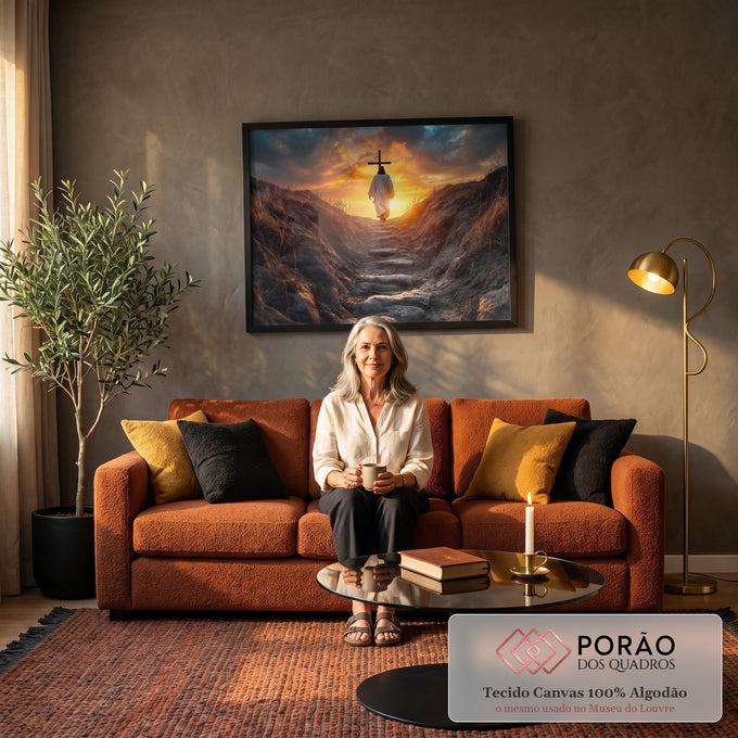 Quadro Decorativo Grande Jesus Caminhando Laranja para Sala | quadros decorativos para sala de estar | figura de túnica branca caminha rumo a uma cruz sob pôr do sol dramático | em ambiente 3 | Porao dos Quadros
