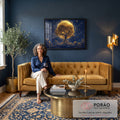 Quadro Decorativo Grande Árvore Dourada da Vida para Sala | quadros decorativos para sala de estar | árvore dourada iluminada diante de uma lua cheia em céu estrelado | em ambiente 3 | Porao dos Quadros