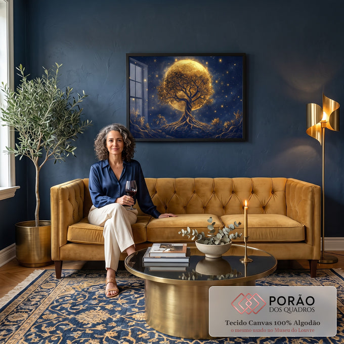 Quadro Decorativo Grande Árvore Dourada da Vida para Sala | quadros decorativos para sala de estar | árvore dourada iluminada diante de uma lua cheia em céu estrelado | em ambiente 3 | Porao dos Quadros