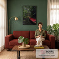 Quadro Decorativo Grande Canoa Vermelha para Sala Vermelho | quadros decorativos para sala de estar | canoa vermelha flutuando em rio escuro cercado por floresta tropical densa | em ambiente 3 | Porao dos Quadros