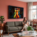Três mulheres negras dançando com turbantes e vestidos coloridos em pintura a óleo, quadro decorativo