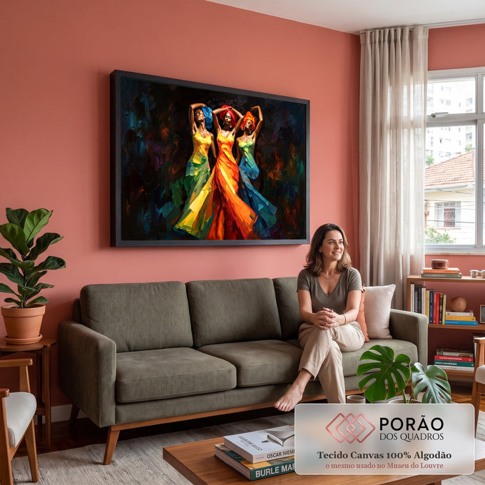 Três mulheres negras dançando com turbantes e vestidos coloridos em pintura a óleo, quadro decorativo