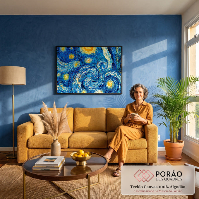Quadro Decorativo Grande Noite Céu Estrelado para Sala | quadros decorativos para sala de estar | detalhe ampliado de céu estrelado com espirais azuis e astros dourados | em ambiente 3 | Porao dos Quadros