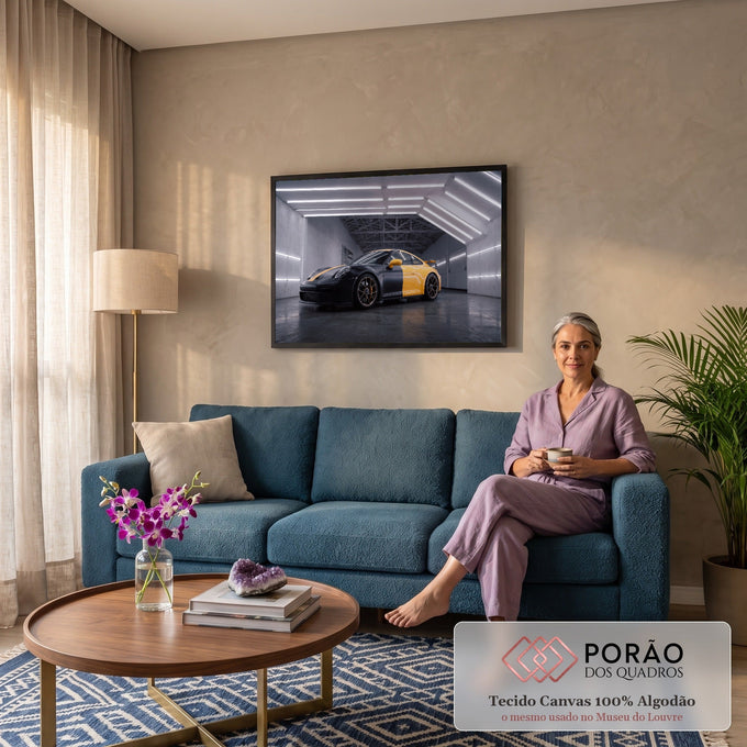 Quadro Decorativo Grande Carro Amarelo para Sala Preto | quadros decorativos para sala de estar | carro esportivo preto e amarelo em garagem iluminada por faixas de led | em ambiente 3 | Porao dos Quadros
