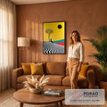 Quadro Decorativo Grande Figura para Sala Amarelo | quadros decorativos para sala de estar | figura preta com cabeça de cabra sentada sob árvore seca em fundo amarelo com sol negro | em ambiente 3 | Porao dos Quadros