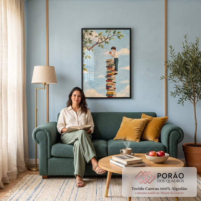 Quadro Decorativo Grande Menino com Maçã para Sala Azul | quadros decorativos para sala de estar | menino equilibrado sobre pilha de livros coloridos segurando uma maçã vermelha | em ambiente 3 | Porao dos Quadros
