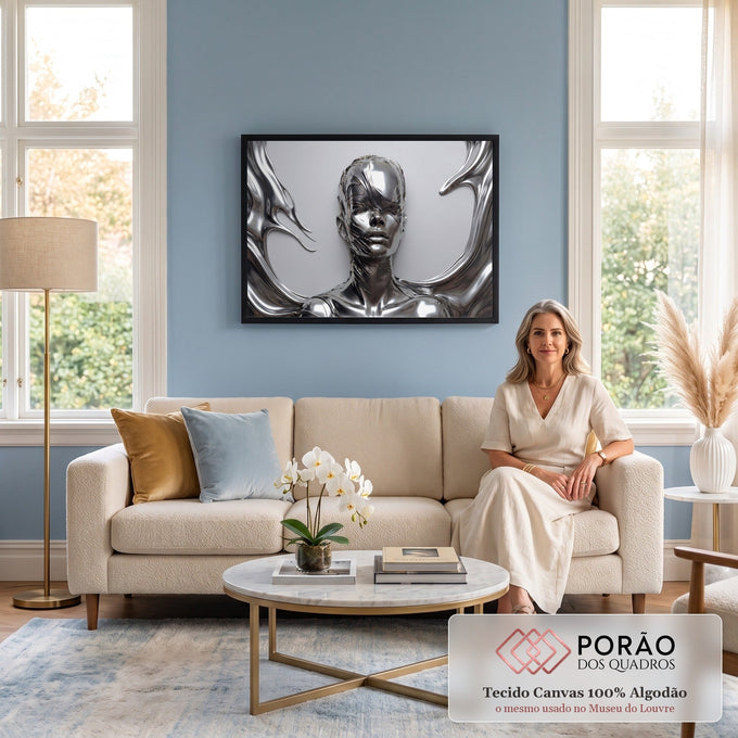 Rosto de mulher em metal líquido prateado com ondas metálicas em fundo cinza, quadro decorativo