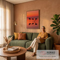 Quadro Decorativo Grande Flamingos em Silhueta para Sala | quadros decorativos para sala de estar | três flamingos em silhueta contra céu laranja de pôr do sol refletidos na água | em ambiente 3 | Porao dos Quadros