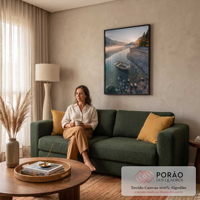 Barco branco em lago cristalino com neblina, montanhas e sol nascente entre pinheiros, quadro decorativo
