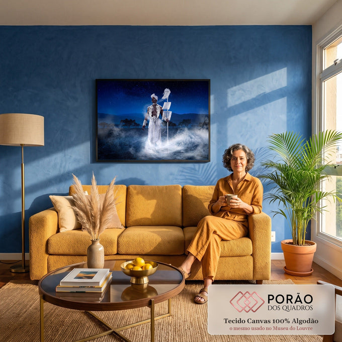 Quadro Decorativo Grande Guerreiro para Sala Azul | quadros decorativos para sala de estar | homem com traje branco tribal e bastão com franjas em meio à neblina sob céu estrelado | em ambiente 3 | Porao dos Quadros