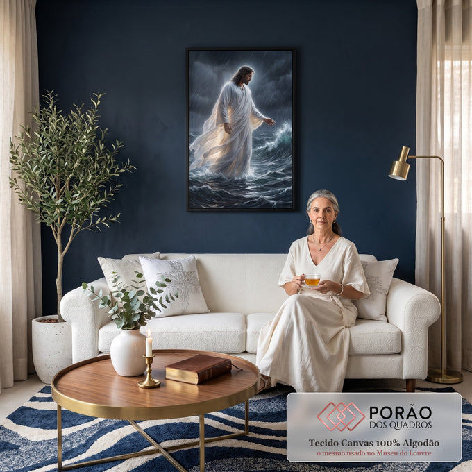 Quadro Decorativo Grande Jesus Caminhando Branco para Sala | quadros decorativos para sala de estar | homem de túnica branca caminhando sobre o mar durante tempestade intensa | em ambiente 3 | Porao dos Quadros