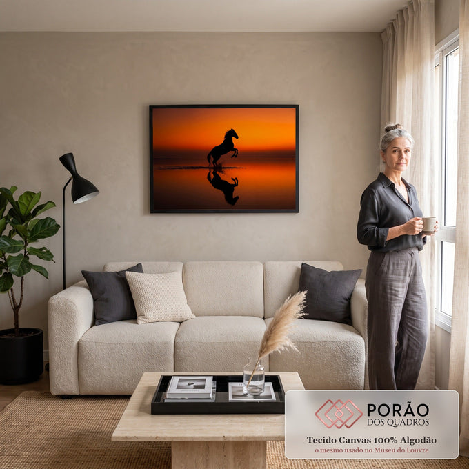 Quadro Decorativo Grande Cavalo Empinado Silhueta para Sala | quadros decorativos para sala de estar | silhueta de cavalo empinado refletida na água sob céu laranja de pôr do sol | em ambiente 3 | Porao dos Quadros