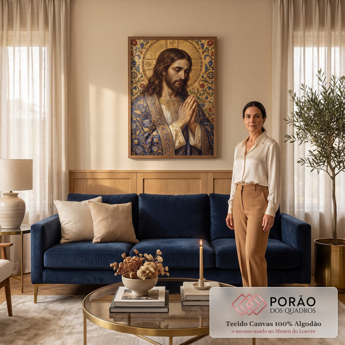 Quadro Decorativo Grande Jesus Cristo Dourado para Sala | quadros decorativos para sala de estar | Jesus Cristo em oração com manto azul e halo dourado sobre fundo floral ornamentado | em ambiente 3 | Porao dos Quadros