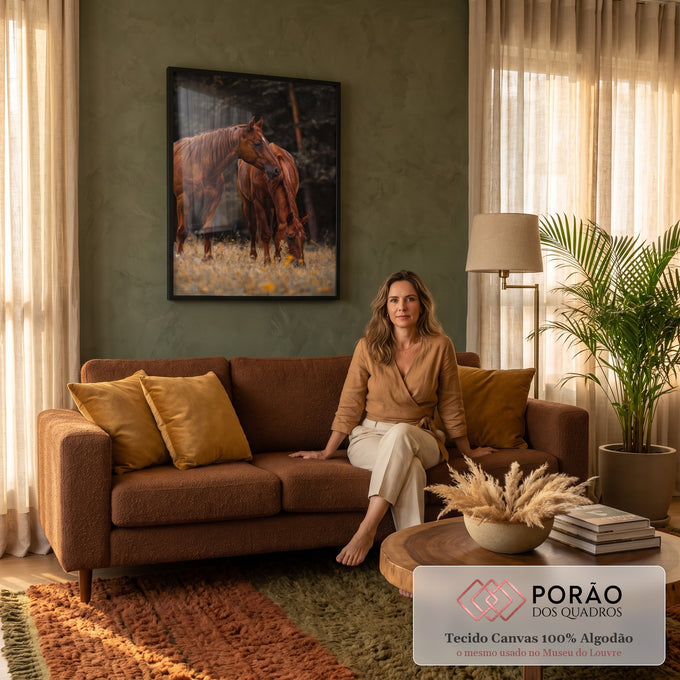 Dois cavalos alazões, um pastando, em campo de flores amarelas com floresta ao fundo, quadro decorativo