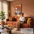 Quadro Decorativo Árvore de Outono em Tons Laranja e Dourado | quadros decorativos para sala de estar | árvore solitária com folhagem laranja e dourada sobre céu brilhante ao entardecer | em Quadros para Quarto | Porao dos Quadros