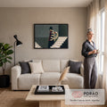 Quadro Decorativo Grande Figura para Sala Preto | quadros decorativos para sala de estar | figura de casaco preto com pescoços de cisnes brancos e bicos vermelhos saindo do colarinho | em ambiente 3 | Porao dos Quadros