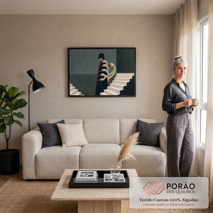 Quadro Decorativo Grande Figura para Sala Preto | quadros decorativos para sala de estar | figura de casaco preto com pescoços de cisnes brancos e bicos vermelhos saindo do colarinho | em ambiente 3 | Porao dos Quadros