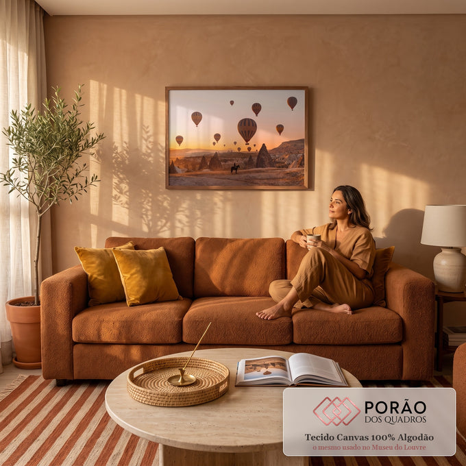 Quadro Decorativo Grande Balões a Capadócia para Sala | quadros decorativos para sala de estar | balões de ar quente coloridos sobre a Capadócia ao pôr do sol, com cavaleiro em silhueta | em ambiente 3 | Porao dos Quadros