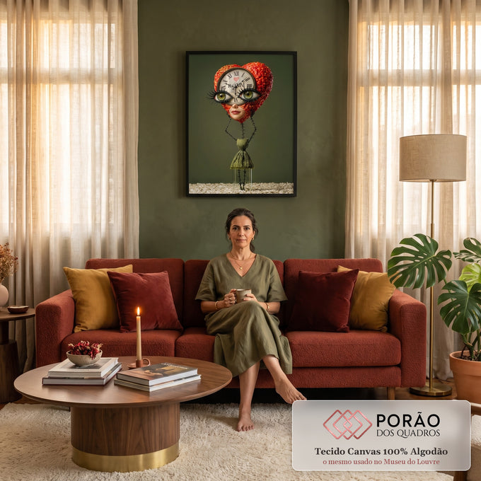 Figura surreal com cabeça de coração floral vermelho, relógio, olhos verdes e fundo verde, quadro decorativo