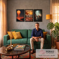Quadro Decorativo Kit 3 Telas Pôr do Sol Laranja para Sala | quadros decorativos para sala de estar | tríptico com pôr do sol, gota refletindo a Torre Eiffel e trem urbano a vapor | em ambiente 3 | Porao dos Quadros