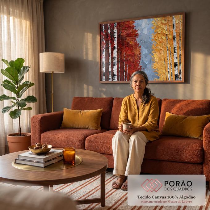 Quadro Decorativo Bétulas em Vermelho e Dourado Textura | quadros decorativos para sala de estar | bosque de bétulas com folhagem vermelha e dourada em textura de tinta espessa | em ambiente 3 | Porao dos Quadros