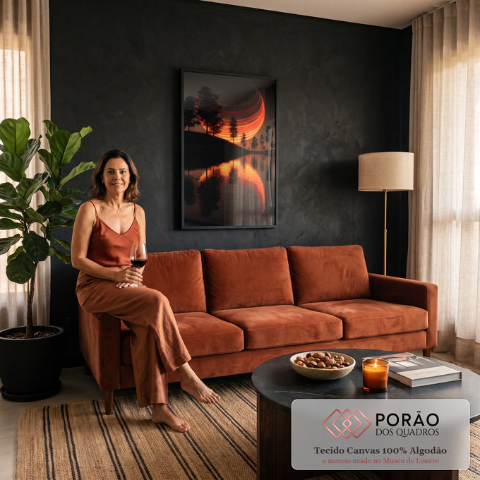 Lua com listras de luz laranja atrás de árvores em silhueta refletida em lago à noite, quadro decorativo