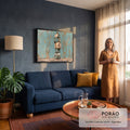 Quadro Decorativo Grande Elefante com Caixas para Sala Azul | quadros decorativos para sala de estar | elefante branco carregando caixas de madeira empilhadas com borboleta no topo | em ambiente 3 | Porao dos Quadros