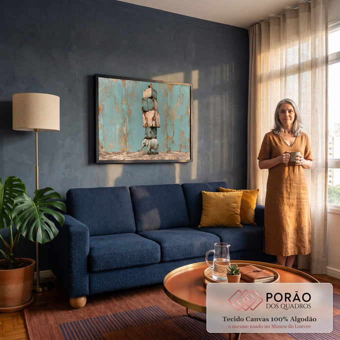 Quadro Decorativo Grande Elefante com Caixas para Sala Azul | quadros decorativos para sala de estar | elefante branco carregando caixas de madeira empilhadas com borboleta no topo | em ambiente 3 | Porao dos Quadros