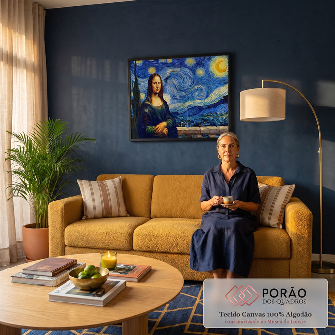 Mona Lisa pintada no estilo Van Gogh diante do céu da Noite Estrelada com lua e cipreste, quadro decorativo