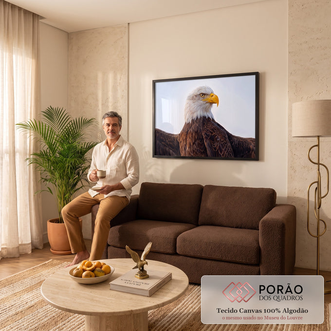 Pintura realista de águia-de-cabeça-branca de perfil com asas abertas e céu claro, quadro decorativo