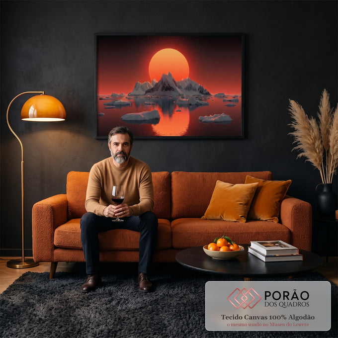 Quadro Decorativo Grande Sol Gigante Laranja para Sala | quadros decorativos para sala de estar | sol laranja gigante sobre montanhas nevadas com icebergs refletidos no mar | em ambiente 3 | Porao dos Quadros
