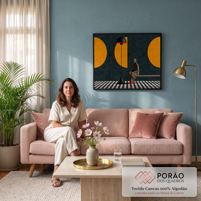Figura de casaco xadrez sentada num banco junto a uma luminária preta e círculos laranja, quadro decorativo