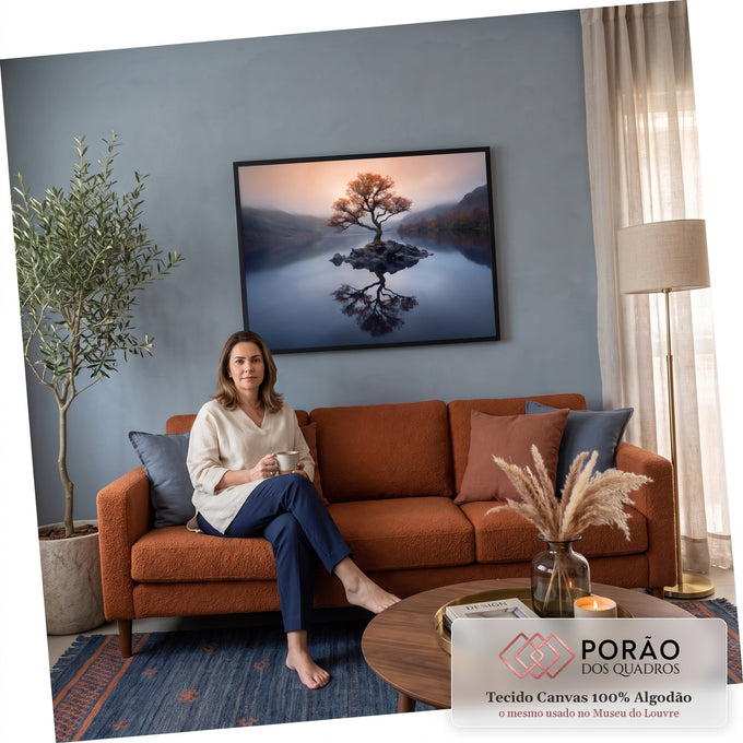Quadro Decorativo Grande Árvore Solitária Natural para Sala | quadros decorativos para sala de estar | árvore de outono refletida num lago calmo com montanhas ao fundo | em ambiente 3 | Porao dos Quadros