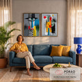 Quadro Decorativo Grande Rostos Cubistas para Sala Preto | quadros decorativos para sala de estar | dois rostos abstratos cubistas com cores vivas e formas geométricas | em ambiente 3 | Porao dos Quadros