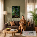 Quadro Decorativo Grande Copa de Árvore Verde para Sala | quadros decorativos para sala de estar | vista de baixo da copa de uma árvore com tronco, galhos escuros e folhas verdes densas | em ambiente 3 | Porao dos Quadros