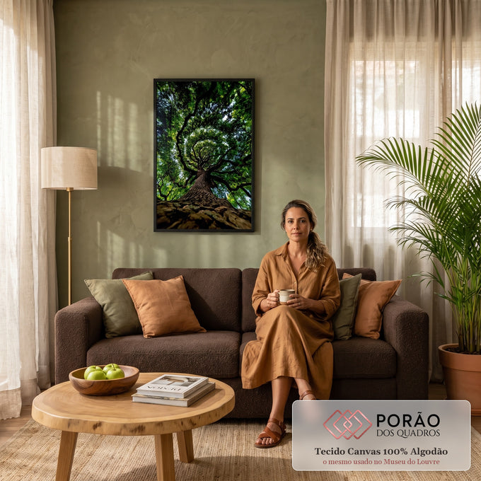 Quadro Decorativo Grande Copa de Árvore Verde para Sala | quadros decorativos para sala de estar | vista de baixo da copa de uma árvore com tronco, galhos escuros e folhas verdes densas | em ambiente 3 | Porao dos Quadros