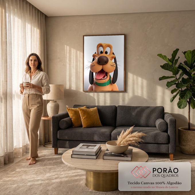 Cachorro cartoon 3D laranja com orelhas pretas, língua de fora e coleira verde, quadro decorativo