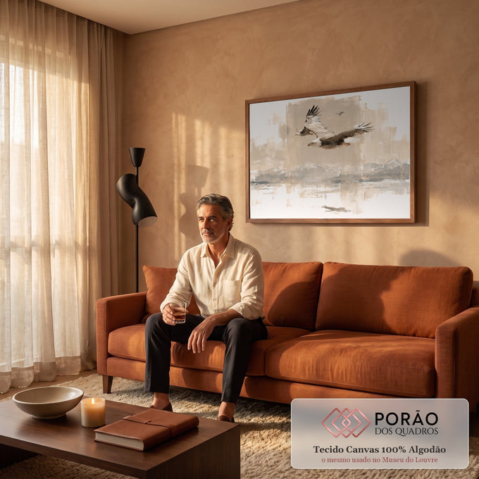 Quadro Decorativo Grande Águia Americana para Sala Marrom | quadros decorativos para sala de estar | águia-de-cabeça-branca voando com asas abertas em pinceladas marrom e bege | em ambiente 3 | Porao dos Quadros