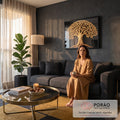 Quadro Decorativo Grande Árvore da Vida para Sala Dourado | quadros decorativos para sala de estar | árvore dourada em relevo com raízes e copa cheia de folhas sobre fundo preto | em ambiente 3 | Porao dos Quadros