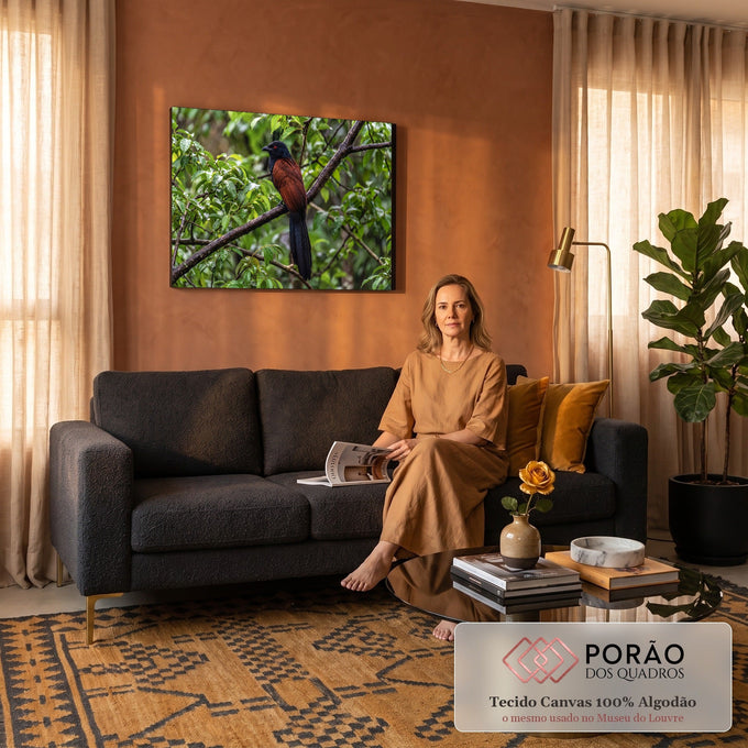 Pássaro cucal de olho vermelho e penas castanhas pousado em galho na mata verde, quadro decorativo