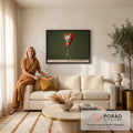 Quadro Decorativo Grande Rosto Surreal para Sala Vermelho | quadros decorativos para sala de estar | cabeça floral em formato de coração com relógio embutido e olhos verdes marcantes | em ambiente 3 | Porao dos Quadros