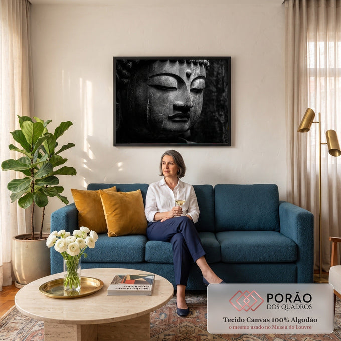Close do rosto de estátua de Buda em pedra com olhos fechados, em preto e branco, quadro decorativo