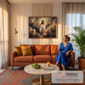 Jesus Cristo de manto branco com a mão estendida entre nuvens douradas e luz divina, quadro decorativo