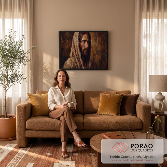 Retrato de Jesus Cristo com manto bege em pintura a óleo sobre fundo marrom, quadro decorativo