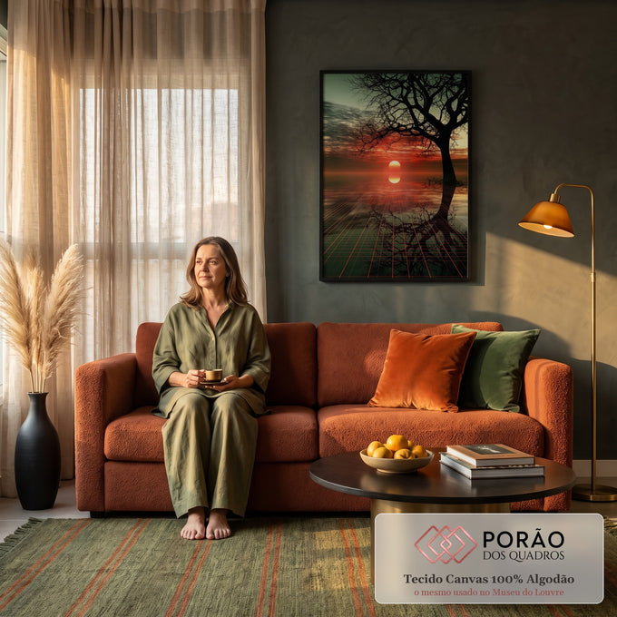 Árvore seca em silhueta, sol vermelho no horizonte e grade neon refletida na água, quadro decorativo
