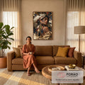 Quadro Decorativo Mulher Indígena com Cocar de Penas | quadros decorativos para sala de estar | mulher indígena de perfil com cocar de penas e pintura facial azul e vermelha | em ambiente 3 | Porao dos Quadros