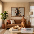 Quadro Decorativo Guerreiro Indígena de Perfil com Penas | quadros decorativos para sala de estar | homem indígena de perfil com pintura facial vermelha e branca e penas no cabelo | em ambiente 3 | Porao dos Quadros